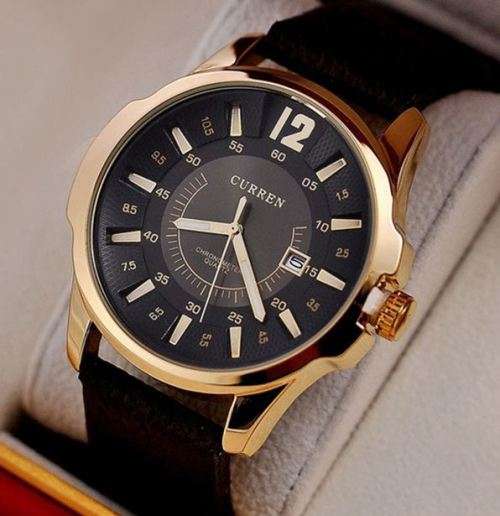 Elegant CURREN AUTO DATE Quartz Wrist Watch With Genuine Leather Strap - BLACK / WHITE FACE