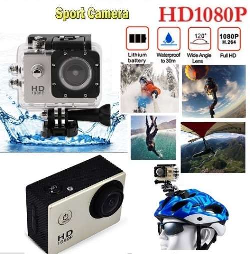 Full HD 1080P Sport Action Camera Camcoder, Waterproof, USB Cable, Car Charger, Full Set GOLD