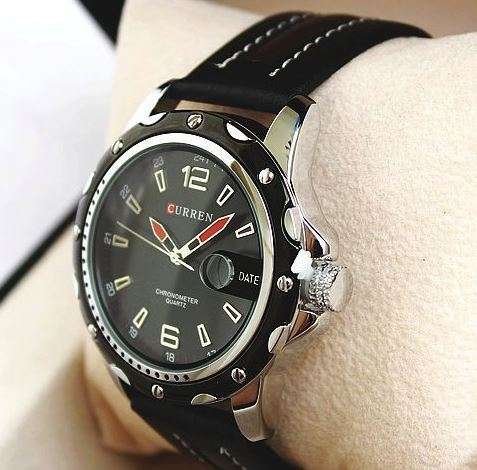 Elegant AUTO DATE CURREN Black & Silver Genuine Leather Waterproof Wrist Watch
