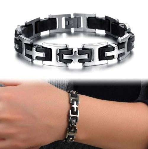 Elegant Stainless Steel & Silicone Men's Bracelet With Steel Spring Clasp in Complimentary Gift Box
