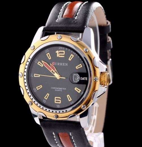 Elegant AUTO DATE CURREN Genuine Leather Waterproof Wrist Watch in GOLD With Gift Box