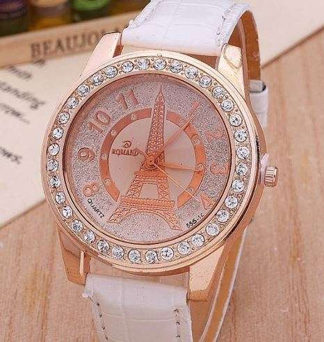 Luxury Rosegold & White Paris Eiffel Tower Rhinestone Ladies Leather Wrist Watch by Relogio Feminino