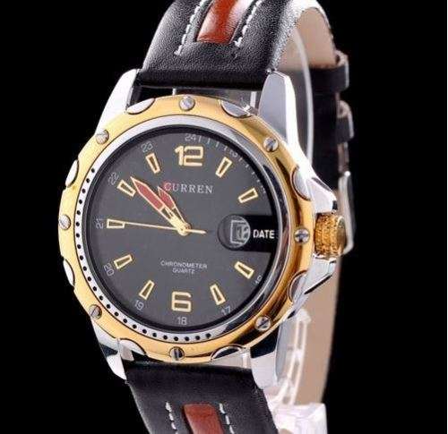 Elegant AUTO DATE CURREN Genuine Leather Waterproof Wrist Watch in GOLD With Gift Box