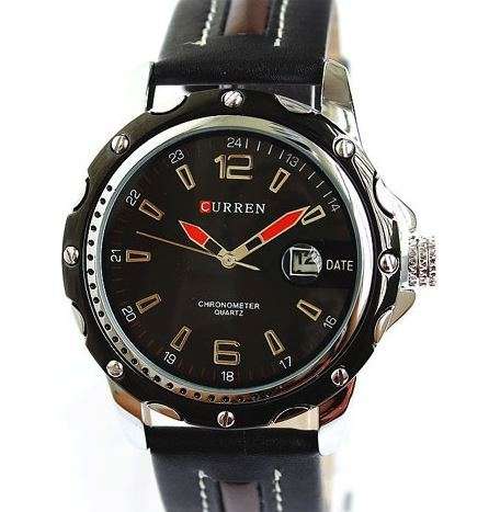 Elegant AUTO DATE CURREN Black & Silver Genuine Leather Waterproof Wrist Watch