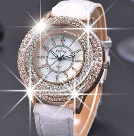 Luxury Rosgegold Gogoey Ladies Leather Crystal Diamond Quartz Wrist Watch by Reloj Mujer