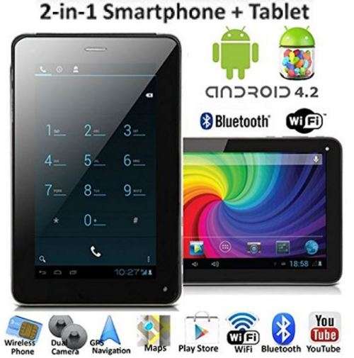 7" Android Smartphone Tablet, Wi-Fi, 3G, Dual Sim Cards, Dual Cameras, Touch Screen, 4GB, GPS- Black