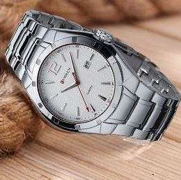 Elegant CURREN AUTO DATE Mens Quartz Wrist Watch With Stainless Steel Strap - Silver & White