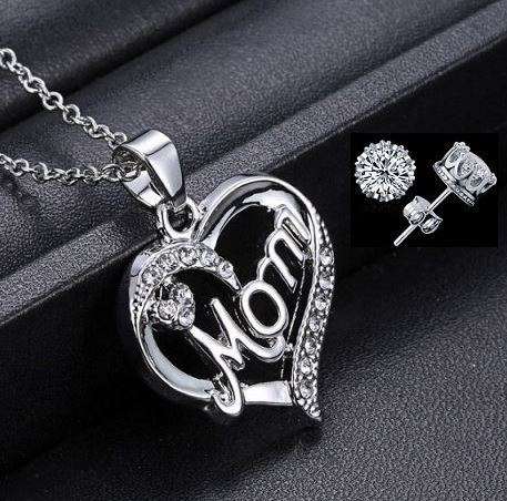 Elegant Jewelry Set With Rhinestone Mom Pendant in Complimentary Gift Box