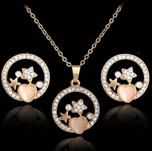 Elegant Golden Austrian Crystal Opal Heart & Stars Jewelry Set in Complimentary Gift Box