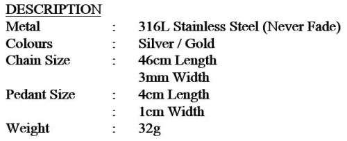 Elegant 316L Stainless Steel Link Chain With Solid Crystal Bullet Pendant in Complimentary Gift Box