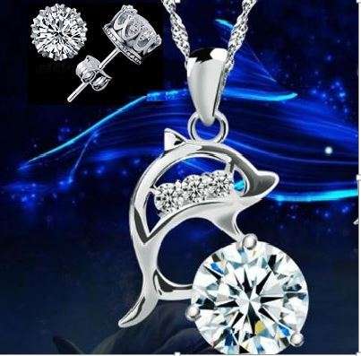 Elegant 925 Silver Cubic Zirconia Dolphin Pendant Jewelry Set in Complimentary GIFT BOX