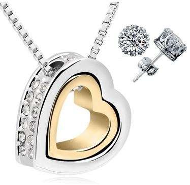 Equisite Double Heart Pendant Juwellery Set made with Swarovski Elements in Complimentary Gift Box