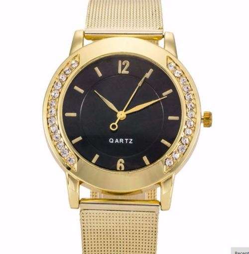 Elegant Ladies Golden Crystal Stainless Steel Mesh Band Analog Quartz Wrist Watch in Gift Box