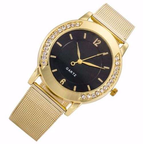 Elegant Ladies Golden Crystal Stainless Steel Mesh Band Analog Quartz Wrist Watch in Gift Box