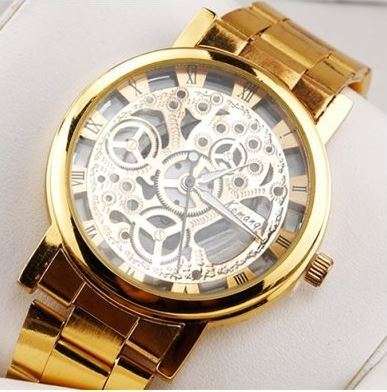 Business Men's Golden Stainless Steel Skeleton Wrist Watch in Gold - Complimentary Gift Box