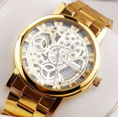 Business Men's Golden Stainless Steel Skeleton Wrist Watch in Gold - Complimentary Gift Box