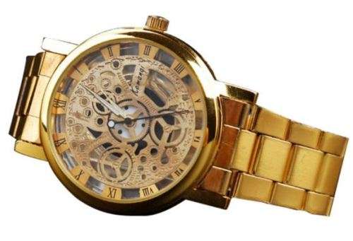 Business Men's Golden Stainless Steel Skeleton Wrist Watch in Gold - Complimentary Gift Box