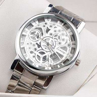 Elegant Men's Business Skeleton Stainless Steel Wrist Watch in Silver - Complimentary Gift Box