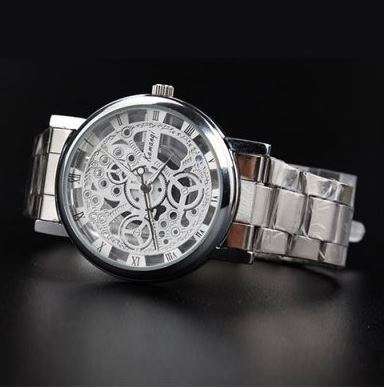Elegant Men's Business Skeleton Stainless Steel Wrist Watch in Silver - Complimentary Gift Box