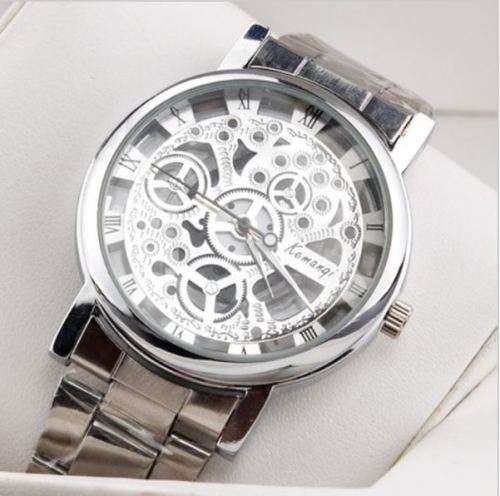 Elegant Men's Business Skeleton Stainless Steel Wrist Watch in Silver - Complimentary Gift Box