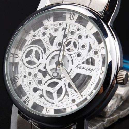 Elegant Men's Business Skeleton Stainless Steel Wrist Watch in Silver - Complimentary Gift Box