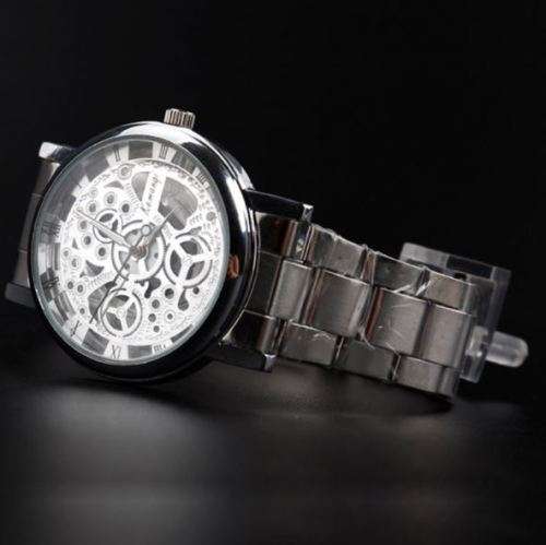 Elegant Men's Business Skeleton Stainless Steel Wrist Watch in Silver - Complimentary Gift Box