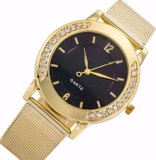 Elegant Ladies Golden Crystal Stainless Steel Mesh Band Analog Quartz Wrist Watch in Gift Box