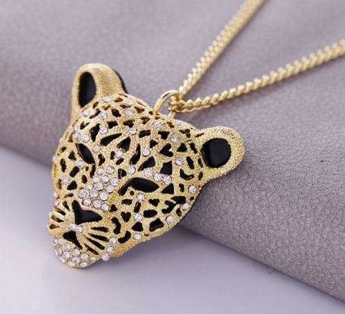 Elegant Gold / Silver Leopard Head Chain Necklace With Austrian Crystals in Complimentary Gift Box
