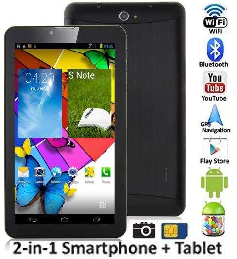 7" Android Smartphone Tablet, Wi-Fi, 3G, Dual Sim Cards, Dual Cameras, Touch Screen, 4GB, GPS- Black
