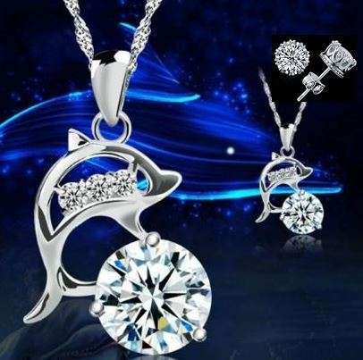 Elegant 925 Silver Cubic Zirconia Dolphin Pendant Jewelry Set in Complimentary GIFT BOX