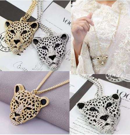 Elegant Gold / Silver Leopard Head Chain Necklace With Austrian Crystals in Complimentary Gift Box