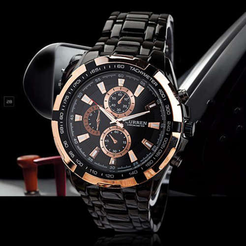Elegant CURREN Military Mens Quartz Wrist Watch With Stainless Steel Strap - Black and Gold
