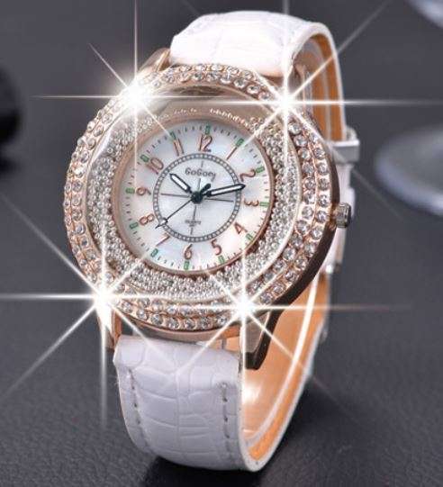 Luxury Rosgegold Gogoey Ladies Leather Crystal Diamond Quartz Wrist Watch by Reloj Mujer