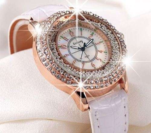 Luxury Rosgegold Gogoey Ladies Leather Crystal Diamond Quartz Wrist Watch by Reloj Mujer