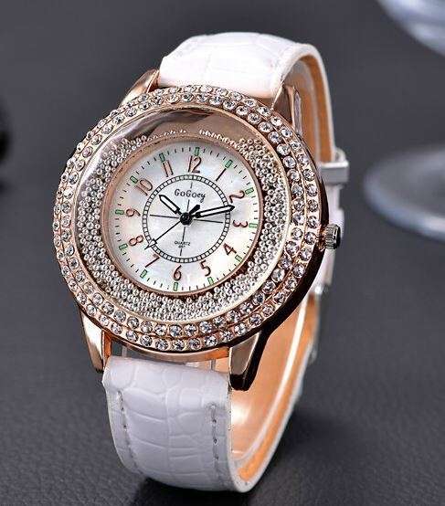 Luxury Rosgegold Gogoey Ladies Leather Crystal Diamond Quartz Wrist Watch by Reloj Mujer