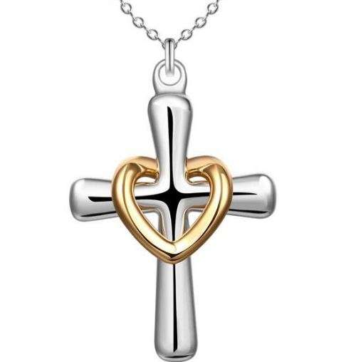 Exquisite Unisex Stainless Steel Silver Chain Necklace With Cross & Heart Pendant in Gift Box