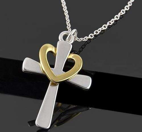 Exquisite Unisex Stainless Steel Silver Chain Necklace With Cross & Heart Pendant in Gift Box