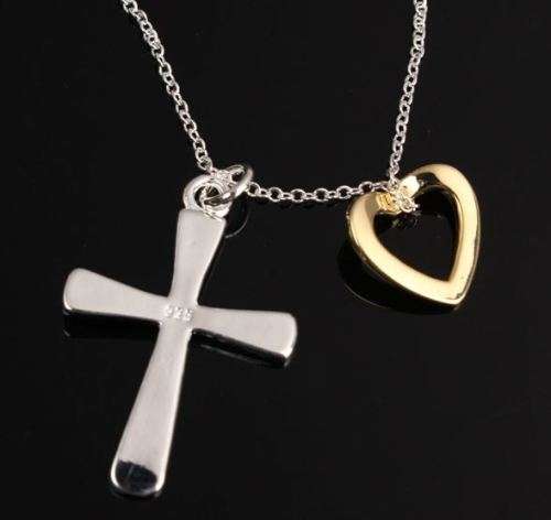 Exquisite Unisex Stainless Steel Silver Chain Necklace With Cross & Heart Pendant in Gift Box