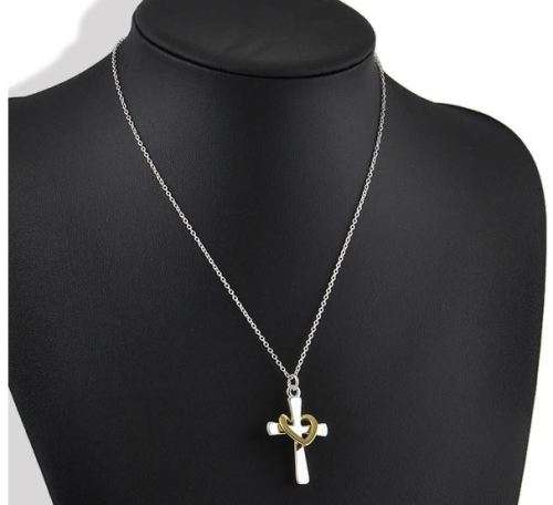 Exquisite Unisex Stainless Steel Silver Chain Necklace With Cross & Heart Pendant in Gift Box