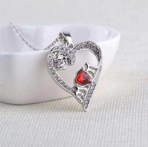 Elegant Silver Jewelry Set With Red Austrian Crystal Mom Heart Pendant in Complimentary Gift Box