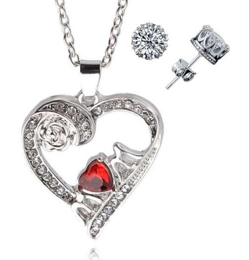 Elegant Silver Jewelry Set With Red Austrian Crystal Mom Heart Pendant in Complimentary Gift Box