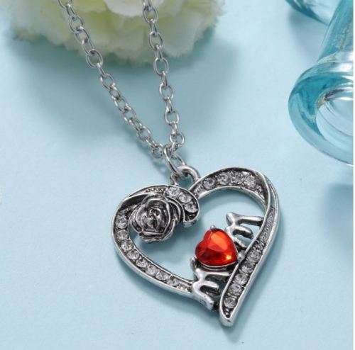 Elegant Silver Jewelry Set With Red Austrian Crystal Mom Heart Pendant in Complimentary Gift Box