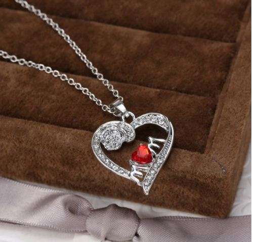Elegant Silver Jewelry Set With Red Austrian Crystal Mom Heart Pendant in Complimentary Gift Box