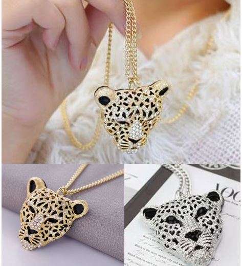 Elegant Gold / Silver Leopard Head Chain Necklace With Austrian Crystals in Complimentary Gift Box