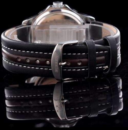 Elegant AUTO DATE CURREN Black & Silver Genuine Leather Waterproof Wrist Watch
