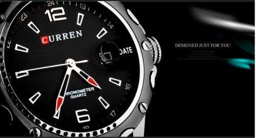 Elegant AUTO DATE CURREN Black & Silver Genuine Leather Waterproof Wrist Watch