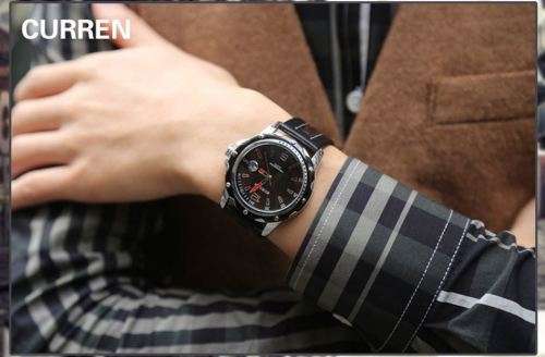 Elegant AUTO DATE CURREN Black & Silver Genuine Leather Waterproof Wrist Watch