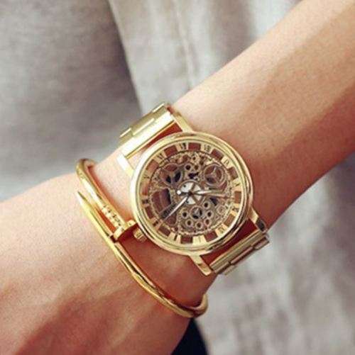 Business Men's Golden Stainless Steel Skeleton Wrist Watch in Gold - Complimentary Gift Box