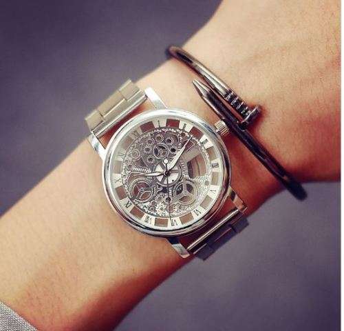 Elegant Men's Business Skeleton Stainless Steel Wrist Watch in Silver - Complimentary Gift Box