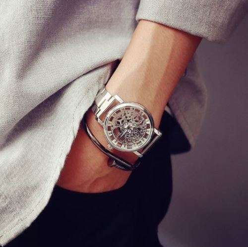 Elegant Men's Business Skeleton Stainless Steel Wrist Watch in Silver - Complimentary Gift Box